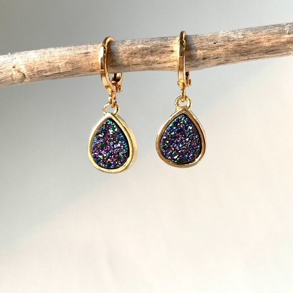 Purple Druzy Droplet Gold Huggie Earrings - Picture 1 of 6